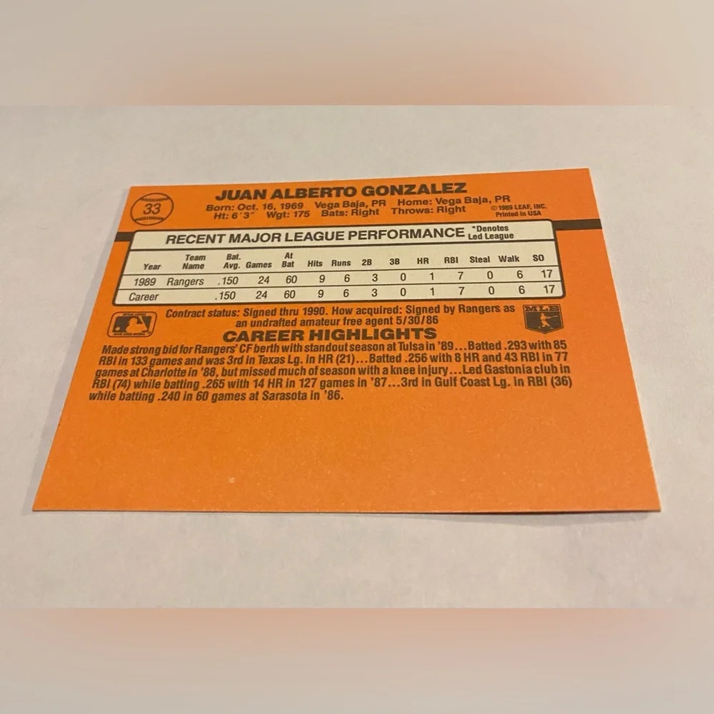 1990 Donruss leaf inc. juan gonzalez